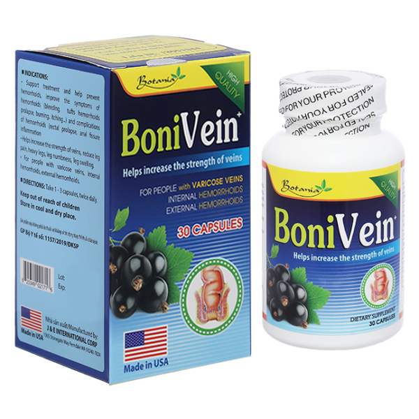 BoniVein hỗ trợ giảm trĩ, suy giãn tĩnh mạch hộp 30 viên