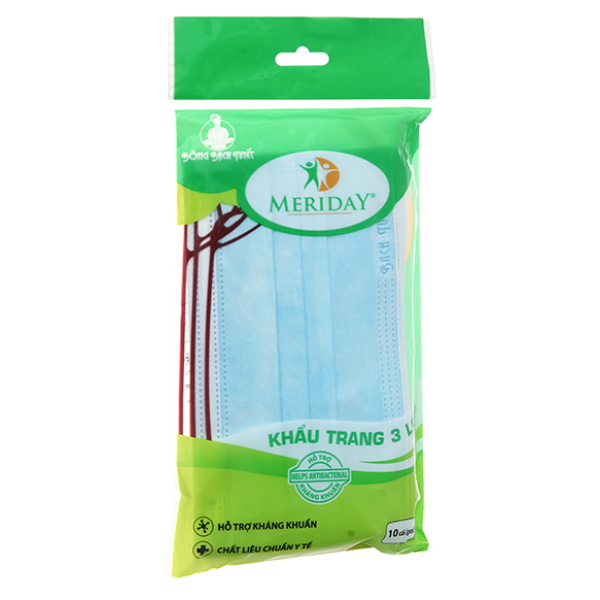 Khẩu trang y tế Meriday 3 lớp màu xanh túi 10 cái