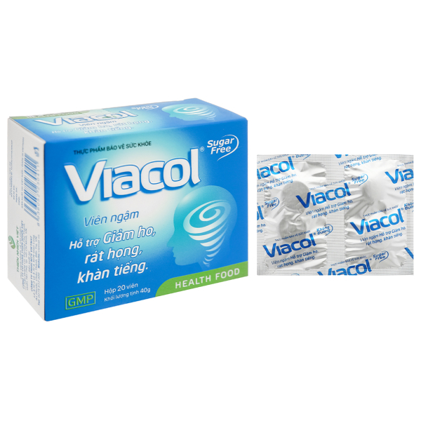 Viên ngậm Viacol không đường hỗ trợ giảm ho, đau rát họng hộp 20 viên