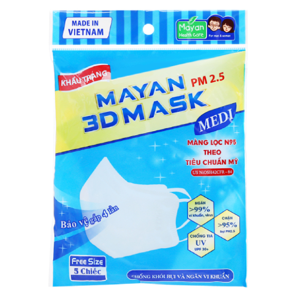 Khẩu trang y tế Mayan PM 2.5 3D Mask 4 lớp màu trắng size M gói 5 cái