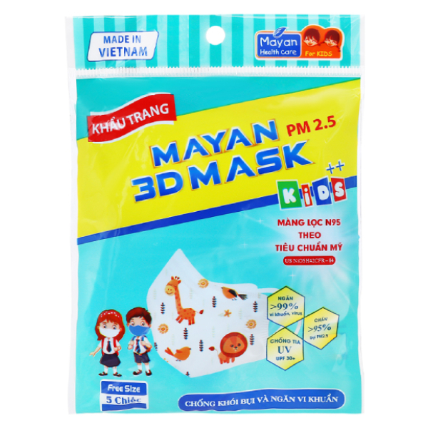 Khẩu trang y tế trẻ em Mayan 3D PM 2.5 màu xanh gói 5 cái