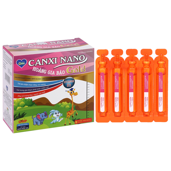 Dung dịch Canxi Nano Gold Hoàng Gia Bảo hỗ trợ chắc khỏe xương hộp 20 ống x 10ml