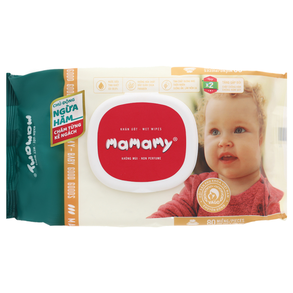 Khăn ướt em bé Mamamy không mùi hương gói 80 miếng