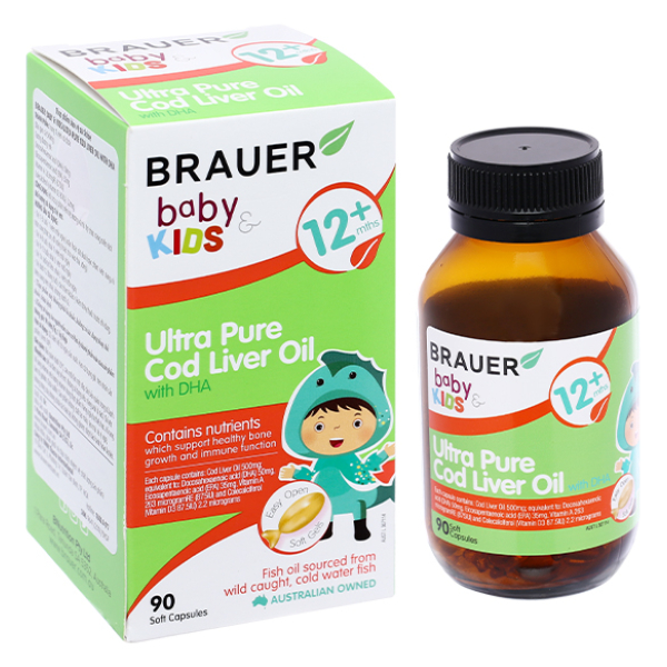 Brauer Ultra Pure Cod Liver Oil With DHA giúp phát triển xương cho bé chai 90 viên