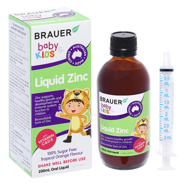 Siro Brauer Liquid Zinc bổ sung kẽm, vitamin C, D3 cho bé từ 1 tuổi chai 200ml