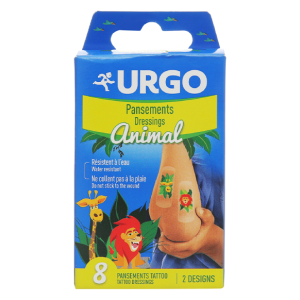 Băng cá nhân hình thú Urgo Animal Tatoo Dressing (2,5 x 7,2cm) hộp 8 miếng