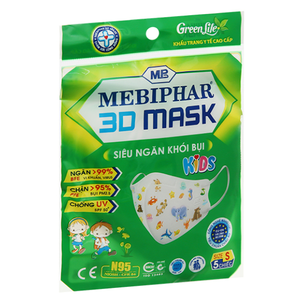 Khẩu trang y tế trẻ em Mebiphar 3D Mask Kids màu trắng size S gói 5 cái