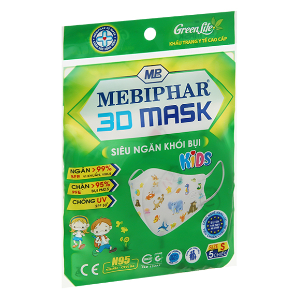 Khẩu trang y tế trẻ em Mebiphar 3D Mask Kids có họa tiết size S gói 5 cái