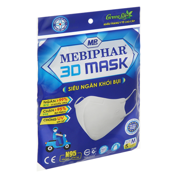 Khẩu trang y tế Mebiphar 3D Mask N95 màu trắng size M gói 5 cái