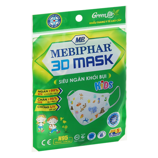 Khẩu trang y tế trẻ em Mebiphar 3D Mask Kids màu xanh size S gói 5 cái