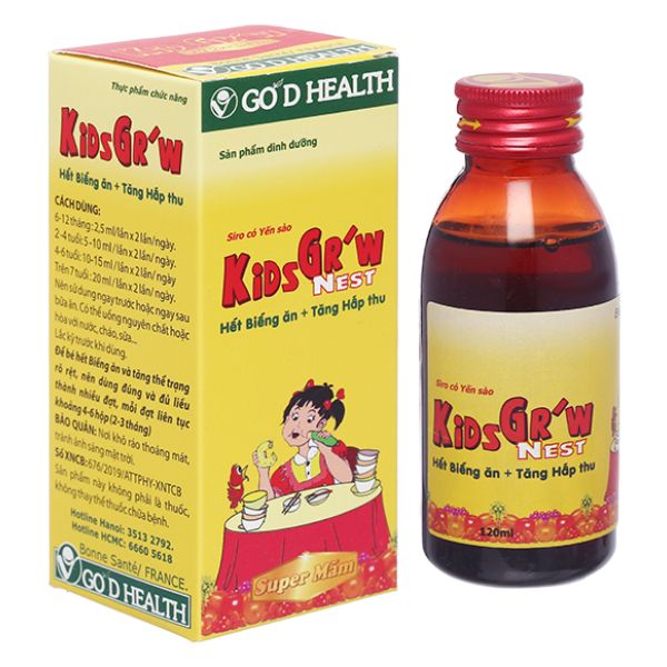 Siro Yến Sào Kids Gr'w Nest kích thích ăn ngon, tiêu hóa tốt chai 120ml