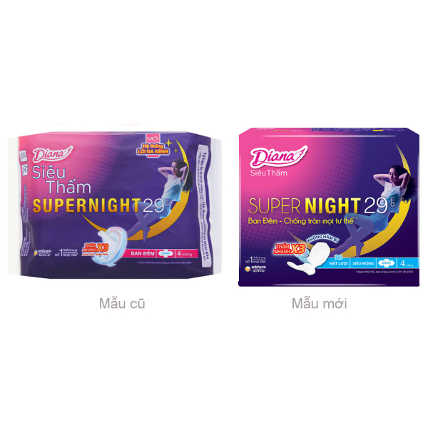 Băng vệ sinh ban đêm Diana Super siêu thấm có cánh 29cm gói 4 miếng