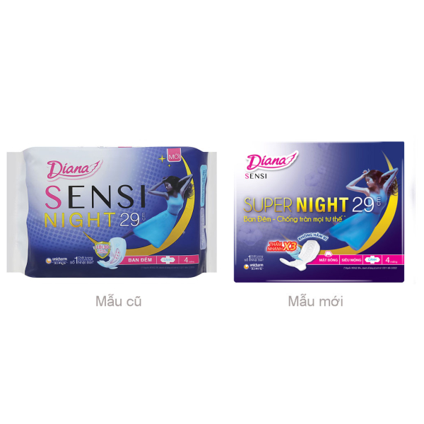 Băng vệ sinh ban đêm Diana Sensi khô thoáng có cánh 29cm gói 4 miếng