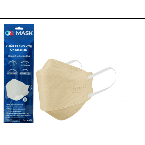 Khẩu trang y tế OK Mask 4D 3 lớp màu kem gói 6 cái