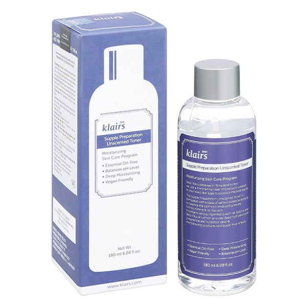 Nước hoa hồng Klairs Supple Preparation Unscented Toner giúp cấp ẩm, làm dịu da chai 180ml