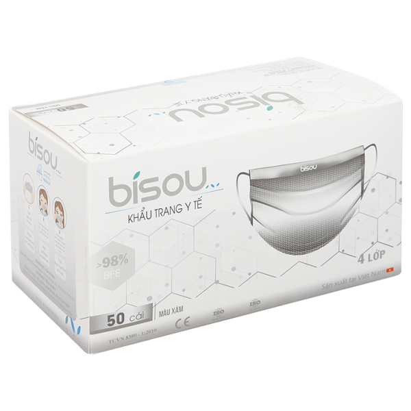 Khẩu trang y tế Bísou 4 lớp màu xám hộp 50 cái