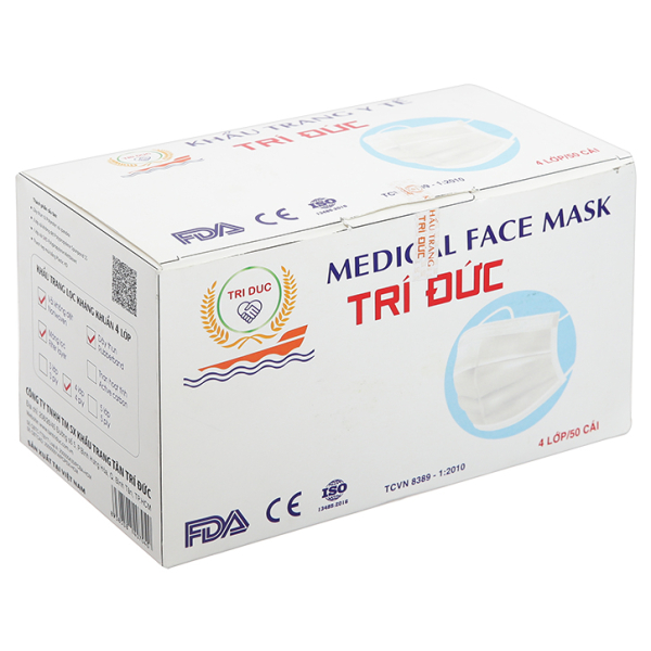 Khẩu trang y tế Trí Đức 4 lớp màu trắng hộp 50 cái