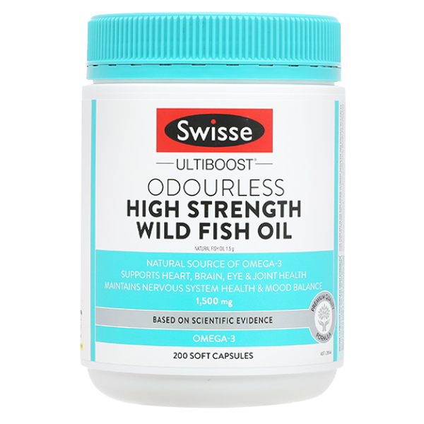 Dầu cá Swisse Ultiboost Odourless 1500mg giúp tim, não, mắt khỏe mạnh chai 200 viên