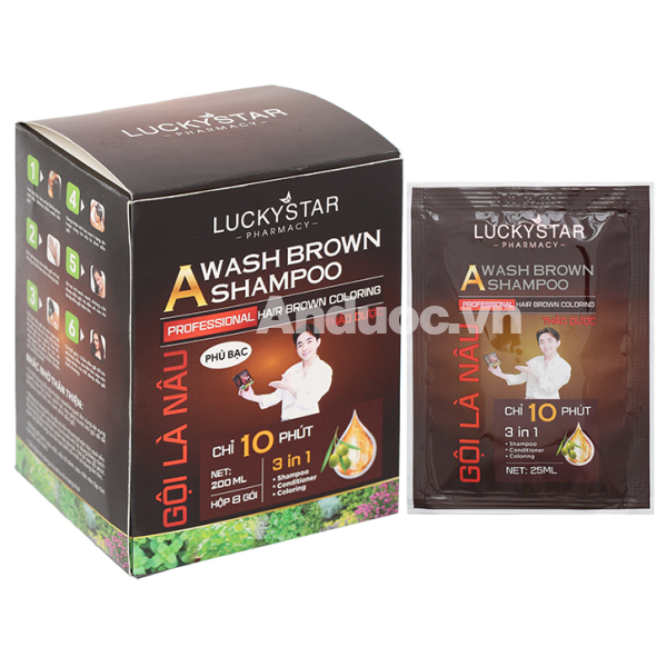 Dầu gội nâu Lucky Star phủ bạc làm nâu tóc hộp 8 gói x 25ml