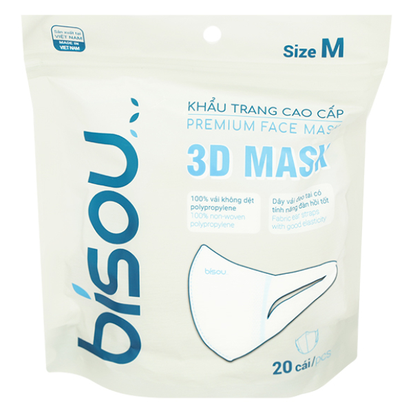 Khẩu trang y tế Bísou 3D Mask màu trắng size M gói 20 cái