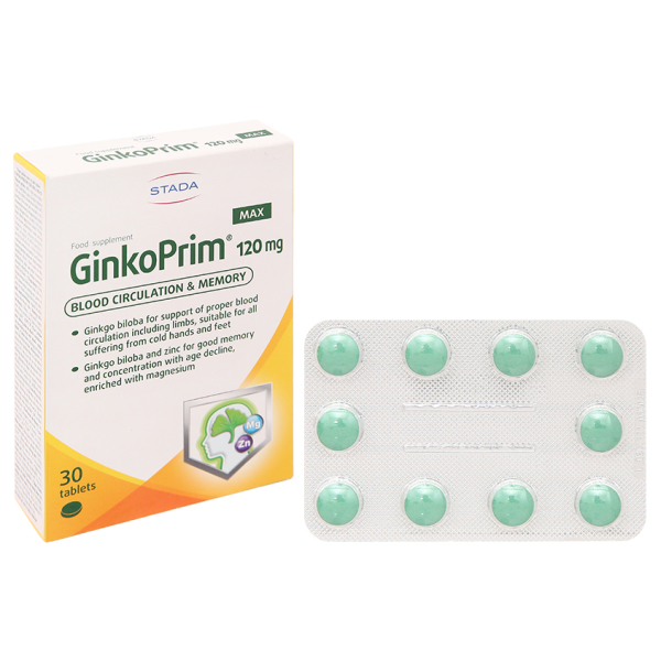 GinkoPrim Max 120mg giúp tăng cường tuần hoàn não hộp 30 viên