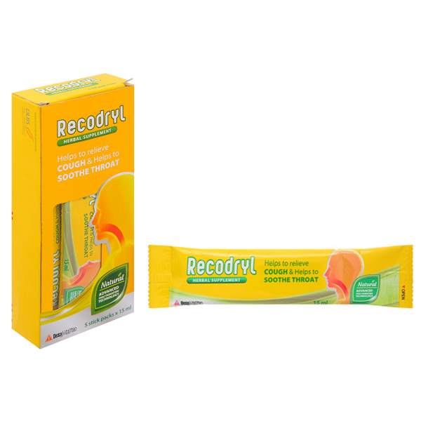 Siro Recodryl hỗ trợ giảm ho, đau rát họng hộp 5 gói x 15ml