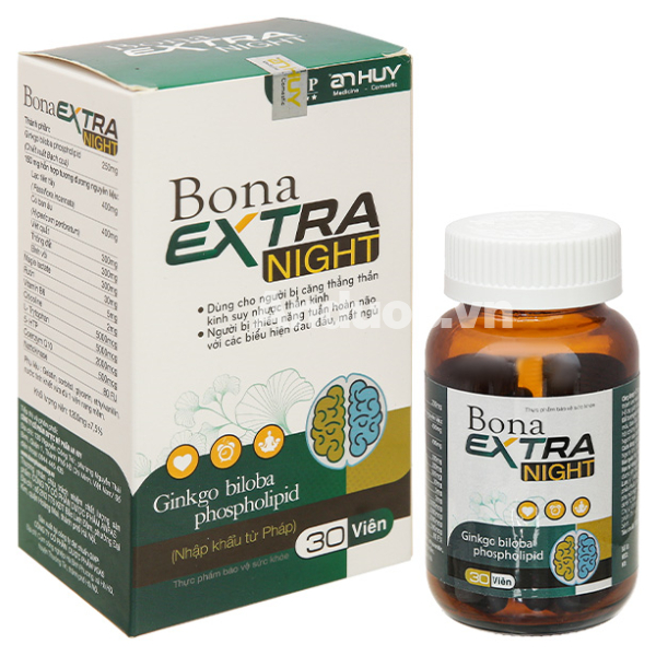 Bona Extra Night hỗ trợ hoạt huyết, tăng cường tuần hoàn máu não lọ 30 viên