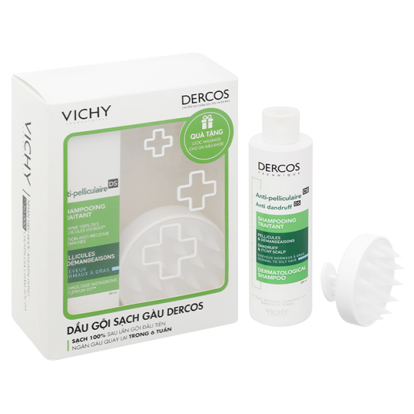 Combo dầu gội Vichy Dercos & lược massage giúp giảm gàu và ngứa cho da đầu chai 200ml