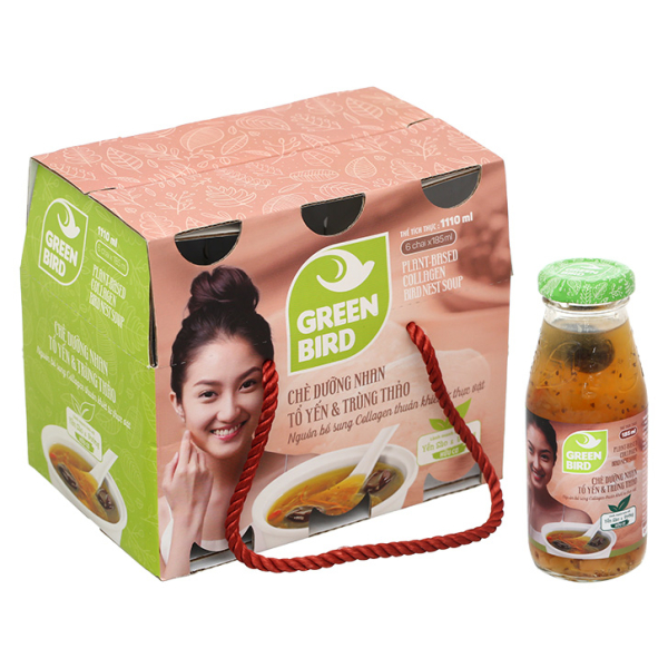 Chè dưỡng nhan tổ yến và trùng thảo Green Bird lốc 6 chai x 185ml