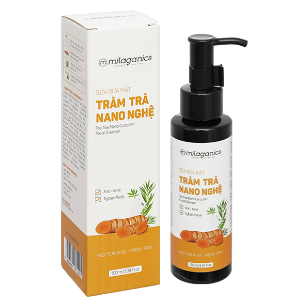 Sữa rửa mặt Milaganics Tràm Trà Nano Nghệ làm sạch da ngừa mụn chai 100ml