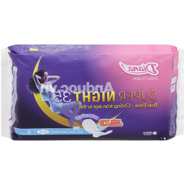 Băng vệ sinh ban đêm Diana mặt lưới siêu thấm, có cánh 35cm gói 3 miếng
