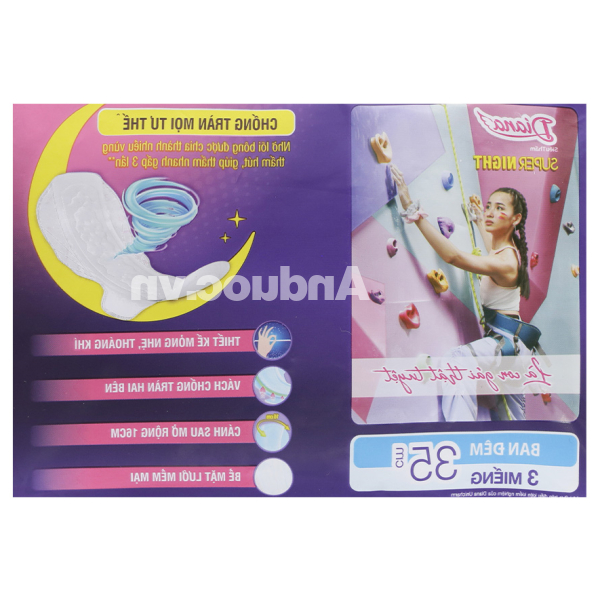 Băng vệ sinh ban đêm Diana mặt lưới siêu thấm, có cánh 35cm gói 3 miếng