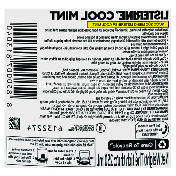 Nước súc miệng Listerine Cool Mint hơi thở thơm mát chai 250ml