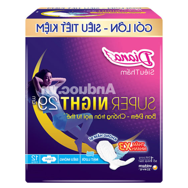 Băng vệ sinh ban đêm Diana Super siêu thấm có cánh 29cm gói 12 miếng