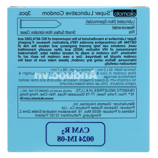 Bao cao su Okamoto Skinless Skin Super Lubricative 53mm hộp 3 cái