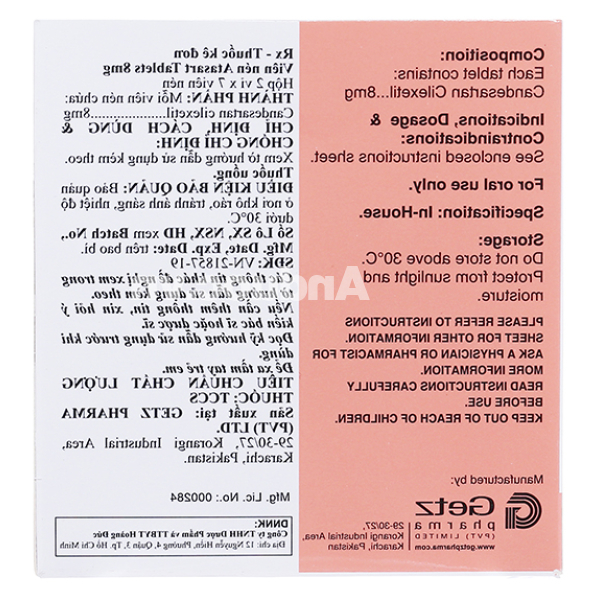 Atasart Tablets 8mg trị tăng huyết áp (2 vỉ x 7 viên)