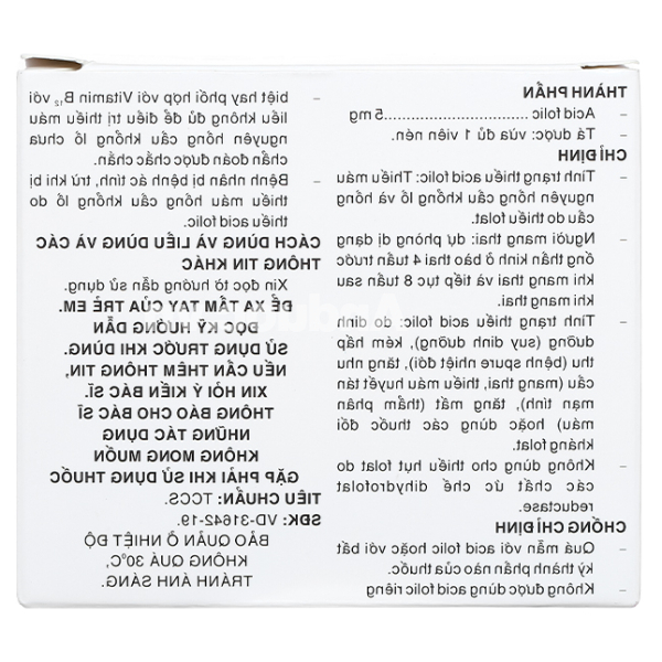 Folacid 5mg phòng và trị thiếu axit folic hộp 4 vỉ x 20 viên