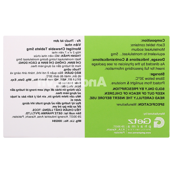 Montiget 5mg phòng ngừa và trị hen suyễn (2 vỉ x 7 viên)