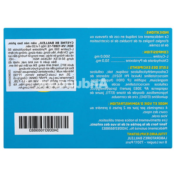 Cystine B6 Bailleul trị bệnh lý liên quan đến tóc, móng (1 vỉ x 20 viên)