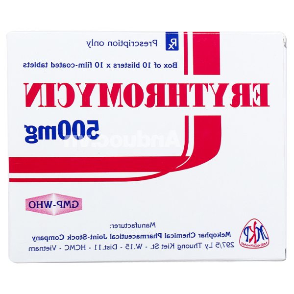 Erythromycin Mekophar 500mg trị nhiễm khuẩn đường hô hấp, da, mô mềm (10 vỉ x 10 viên)