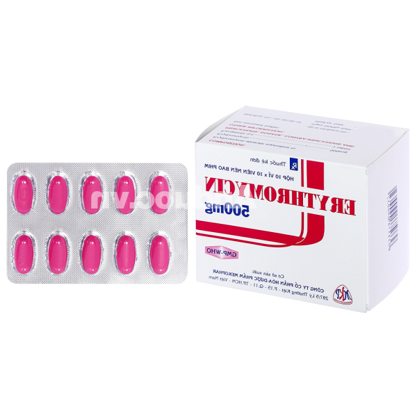 Erythromycin Mekophar 500mg trị nhiễm khuẩn đường hô hấp, da, mô mềm (10 vỉ x 10 viên)