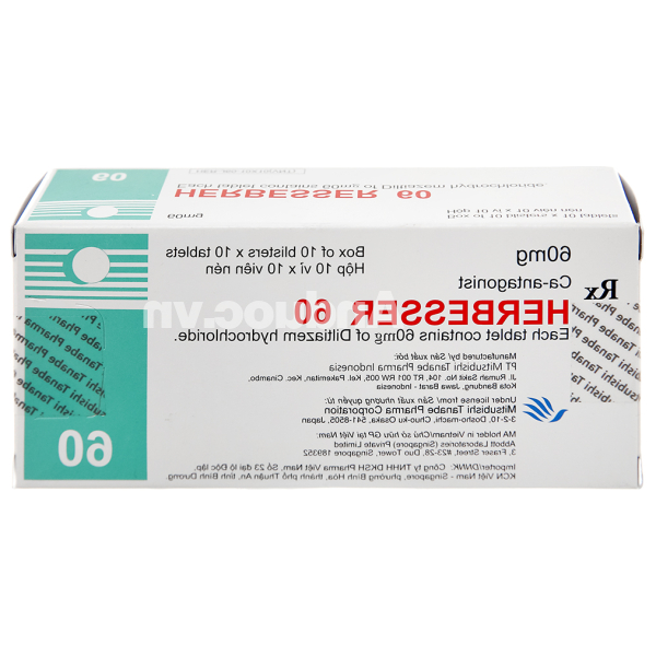 Herbesser 60 trị tăng huyết áp, đau thắt ngực (10 vỉ x 10 viên)
