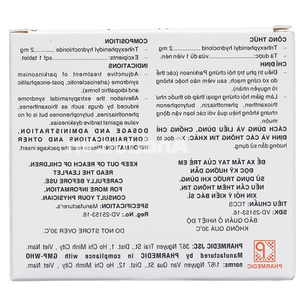 Trihexyphenidyl 2mg trị phụ trợ hội chứng Parkinson (5 vỉ x 20 viên)