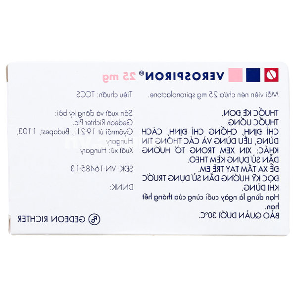 Verospiron 25mg trị phù, tăng huyết áp (1 vỉ x 20 viên)