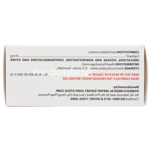 Captopril Domesco 25mg trị tăng huyết áp, suy tim (10 vỉ x 10 viên)
