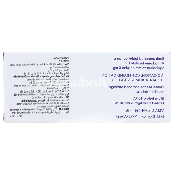 Stamlo 5 trị tăng huyết áp và thiếu máu cục bộ cơ tim (2 vỉ x 10 viên)