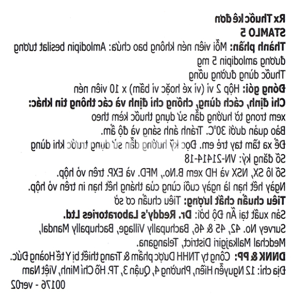 Stamlo 5 trị tăng huyết áp và thiếu máu cục bộ cơ tim (2 vỉ x 10 viên)