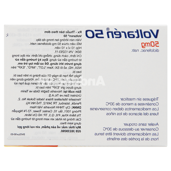 Voltaren 50mg giảm đau, kháng viêm xương khớp (10 vỉ x 10 viên)
