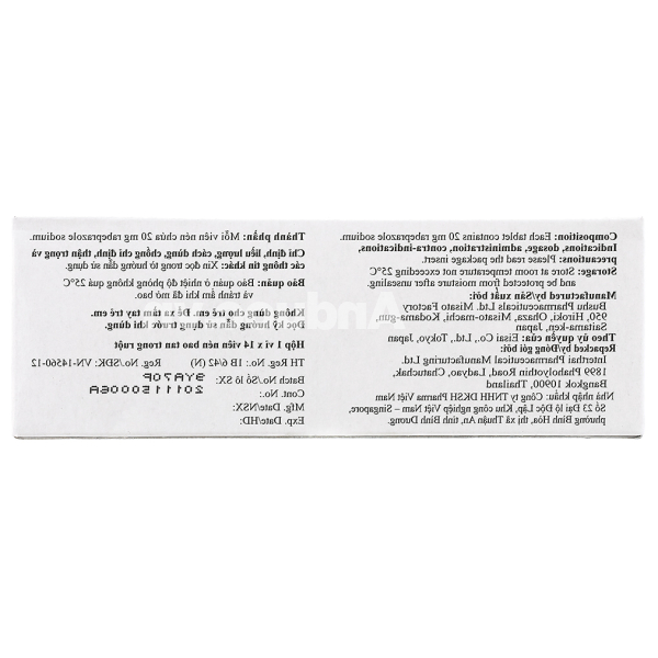 Pariet 20mg trị loét dạ dày, trào ngược dạ dày, thực quản (1 vỉ x 14 viên)