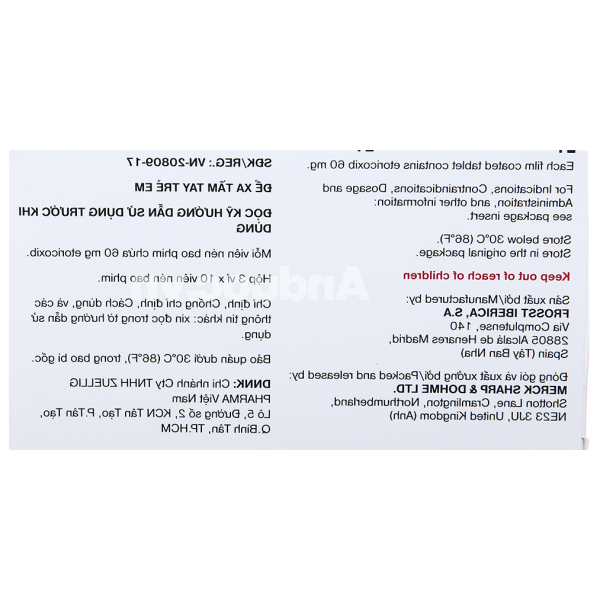 Arcoxia 60mg giảm đau, kháng viêm xương khớp (3 vỉ x 10 viên)